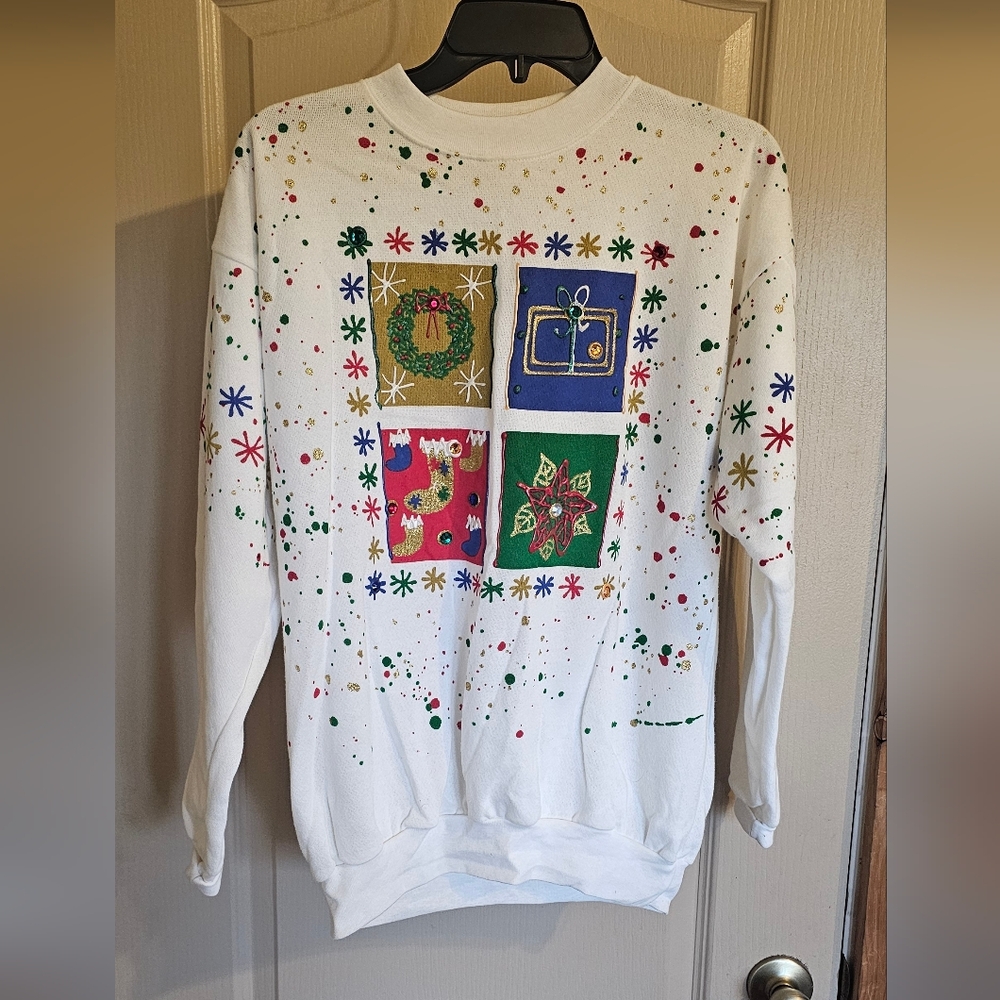 Vintage 90s Wetpaint Handpainted White Large Christmas Sweatshirt Made In U.S